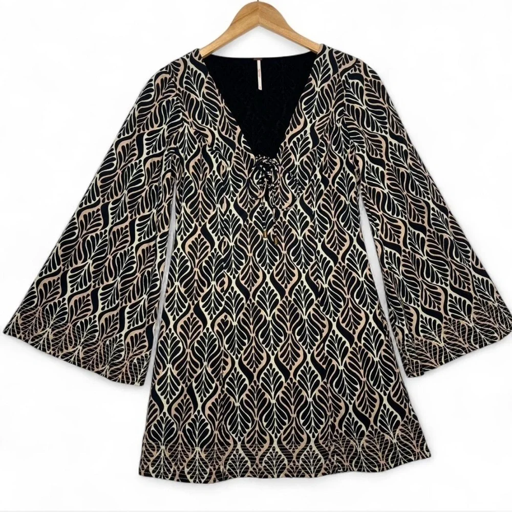 Free People Gia Bell Sleeve Mini Dress Cotton Boho Neutral Groovy 70s Sz Small